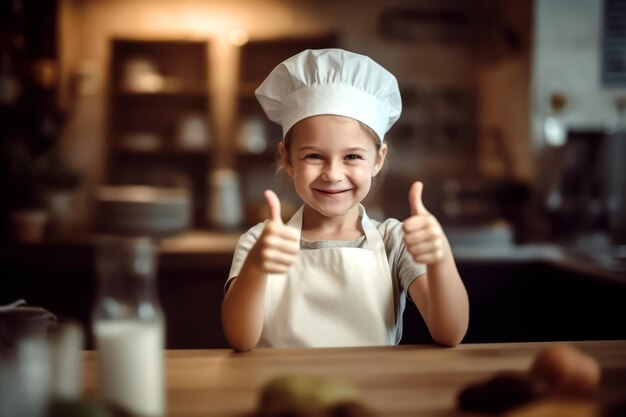 Foto pequeño cocinero panadero con un delantal y sombrero cocinero gestando pulgares hacia arriba ia generativa