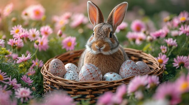 Pequeno coelho bebé na cesta de páscoa com pele fofa e ovos de páscua no fresco