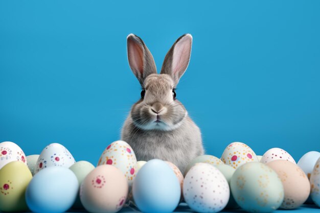 Foto pequeno coelho cinzento e ovos de páscoa coloridos no fundo azul