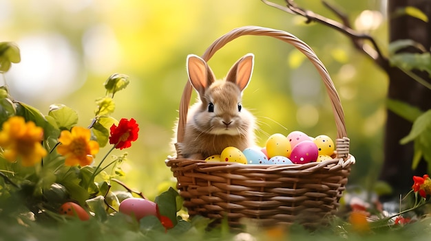 Pequeno coelho de Páscoa numa cesta no jardim