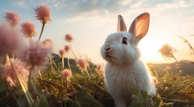 pequeno coelho em um campo gramado olhando para o sol