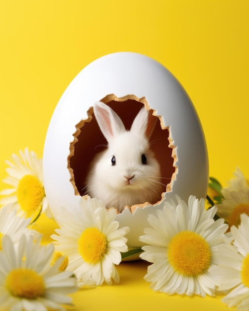 pequeno coelho fofinho em uma casca de ovo de Páscoa entre flores em um fundo amarelo