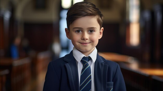 Pequeño colegial En uniforme se para en el vestíbulo de la escuela Regreso a la escuela Creado con tecnología de IA generativa