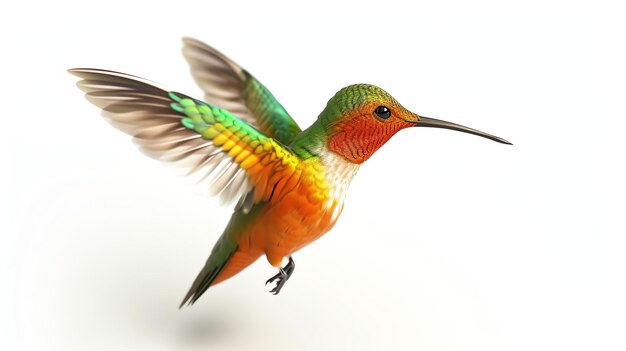 Foto un pequeño colibrí de colores brillantes está volando en el aire con su largo y delgado pico extendido mientras flota en su lugar