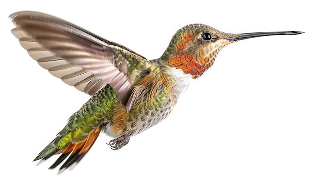 Pequeño colibrí colorido volando en el aire con extendido con