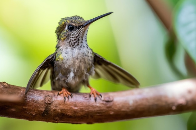 Pequeño colibrí estirando sus alas y aprendiendo a volar creado con ai generativo