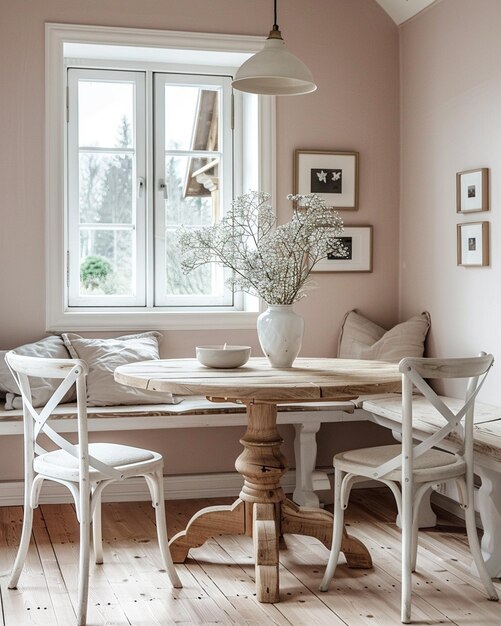 Foto pequeño comedor con una mesa redonda de madera sillas blancas