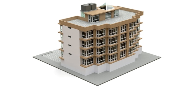 Pequeño condominio blanco y beige con ascensor y garaje. Representación 3D.