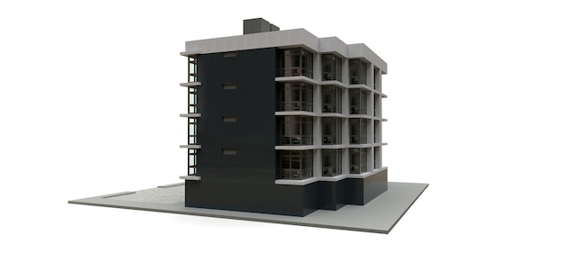 Pequeño condominio blanco-gris con ascensor y garaje. Representación 3D.