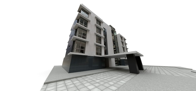 Pequeño condominio blanco-gris con ascensor y garaje. Representación 3D.