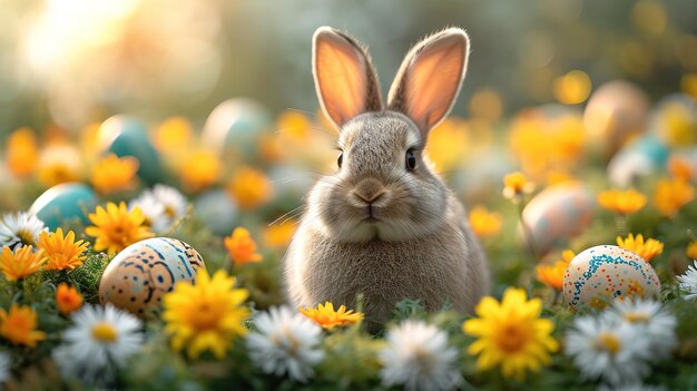 Foto pequeño conejo bebé en la canasta de pascua con pelaje esponjoso y huevos de pascua en el fresco