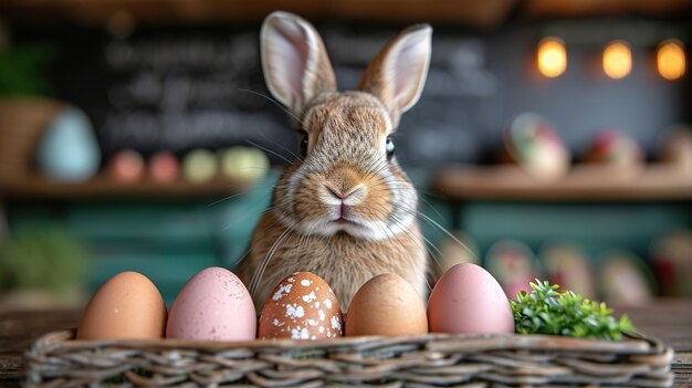 Pequeño conejo bebé en la canasta de Pascua con pelaje esponjoso y huevos de Pascua en el fresco