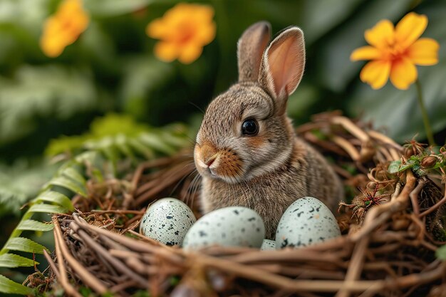 Foto pequeño conejo bebé en la canasta de pascua con pelaje esponjoso y huevos de pascua en el fresco