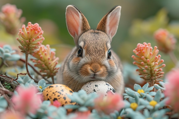 Pequeño conejo bebé en la canasta de Pascua con pelaje esponjoso y huevos de Pascua en el fresco