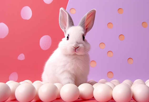 un pequeño conejo blanco unos cuantos huevos de Pascua en un fondo rosa