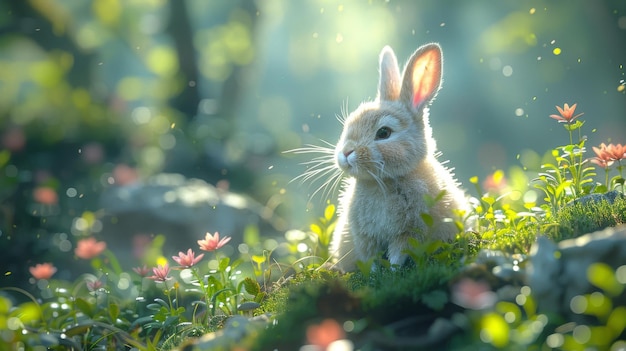 Un pequeño conejo blanco descansa en un misterioso bosque obra de arte digital CG Ilustración conceptual Fondo de dibujos animados realista