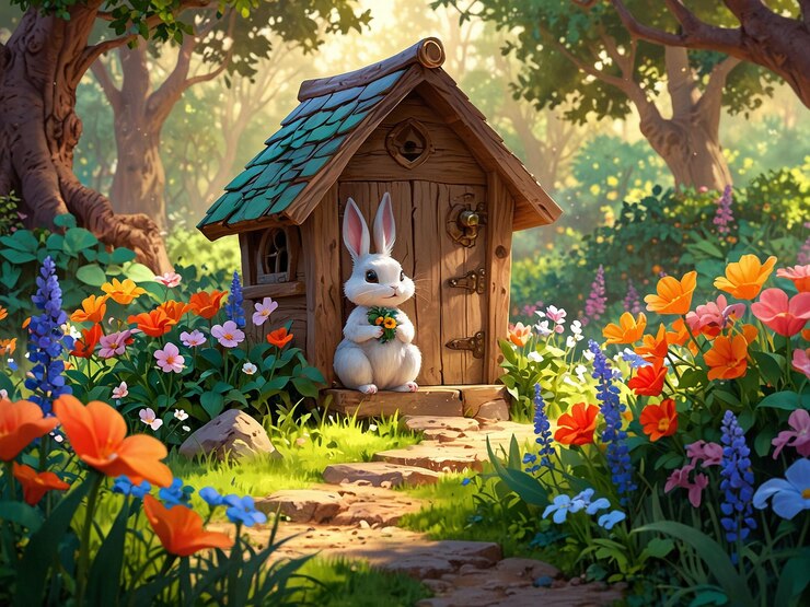 un pequeño conejo y una casa en el medio de un jardín lleno de todo tipo de flores coloridas