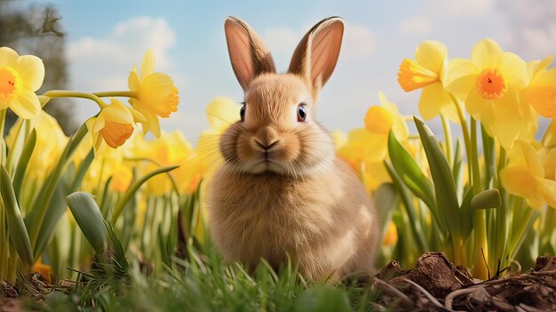 un pequeño conejo esponjoso en un prado entre flores amarillas y hierba