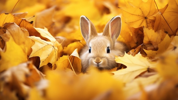 Foto pequeño conejo gracioso sentado en una pila de hojas en otoño conejo doméstico encantador