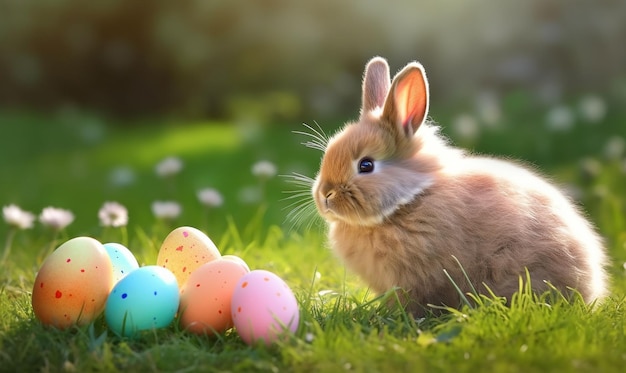 Pequeño conejo lindo bebé en canasta de pascua con piel esponjosa y huevos de pascua en la primavera verde fresca