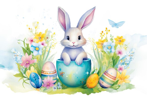Pequeño conejo lindo con flores de primavera y hojas en el fondo personaje de dibujos animados de Pascua