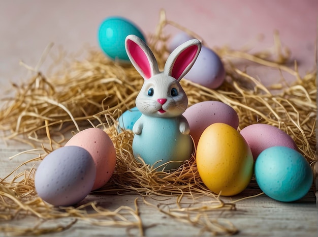 un pequeño conejo sentado en un nido de huevos de colores en una mesa