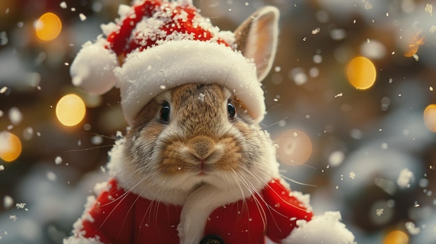 pequeño conejo traje de Papá Noel escena de Navidad nevada árbol festivo telón de fondo AI generativo