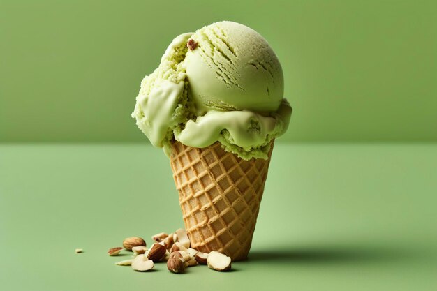 Un pequeño cono de helado de pistacho con nueces en el lado