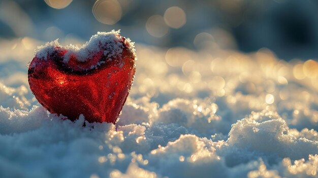 Un pequeño corazón rojo se encuentra en la nieve enfoque selectivo IA generativa