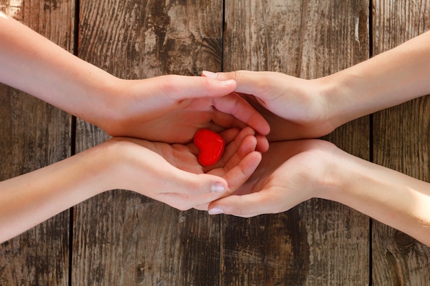 El pequeño corazón rojo está en manos de hombres y mujeres, el concepto de amor y romance.
