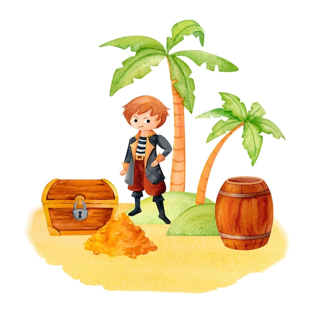 Un pequeño corsario en una isla tropical con accesorios de pirata cofre lleno de tesoros y un montículo de oro diseño de acuarela es ideal para niños invitaciones de fiesta decoración o proyectos de aventura