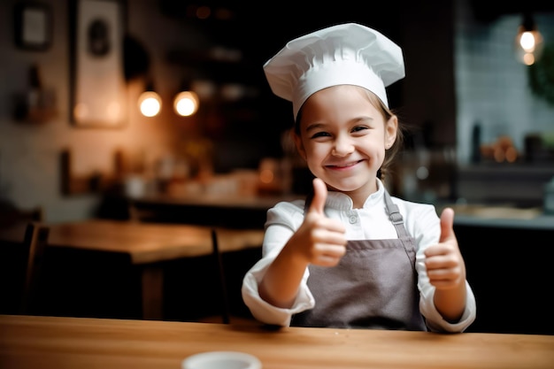 Pequeno cozinheiro bonito, padeiro com avental e chapéu, cozinheiro a fazer gestos com os polegares para cima, IA generativa.