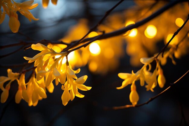 Foto pequeño cubo de metal amarillo para la decoración con un ramo de flores amarillas de primavera forsythia