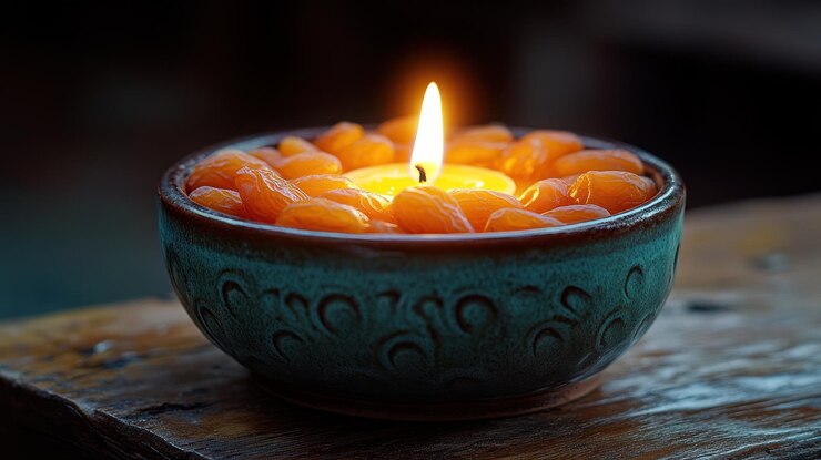 Pequeño cuenco de color teal lleno de granos de cera de vela de color naranja sosteniendo una vela encendida