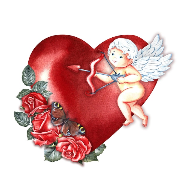 Un pequeño Cupido con una flecha y una rosa en la ilustración de acuarela de corazón rojo