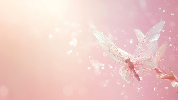 Foto un pequeño y delicado hada con alas intrincadamente diseñadas en un vibrante rosa pastel en un fondo suave y soñador