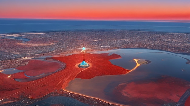 Un pequeño diamante brillando sobre un gran mar de joyas con un cielo azul y rojo en la parte de atrás.