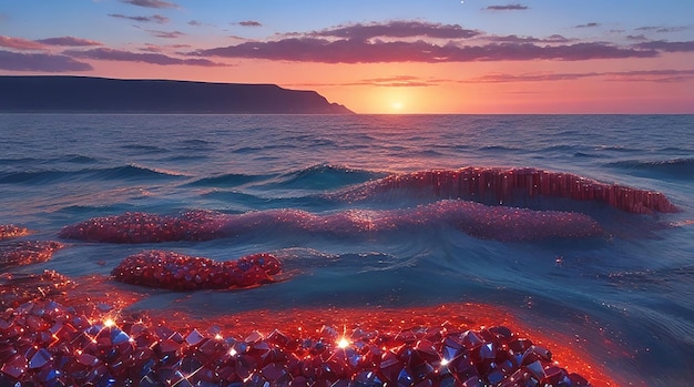 Foto un pequeño diamante brillando sobre un gran mar de joyas con un cielo azul y rojo en la parte de atrás.
