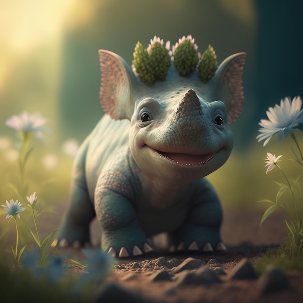 Pequeño dinosaurio lindo en el bosque con flores AI generativa