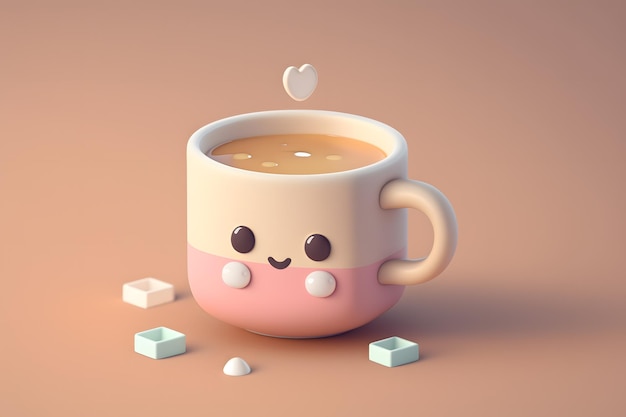 Pequeño diseño isométrico lindo una taza de café emoji representación 3d