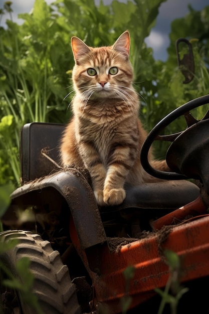 Pequeño y divertido conductor de gatito despojado en un tractor rojo