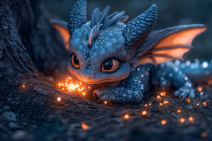 Un pequeño dragón azul mira fijamente un cúmulo de luces brillantes