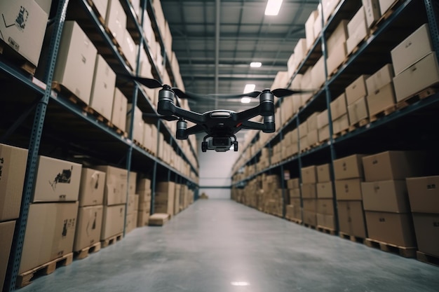 Pequeño dron fpv volando a través de un almacén generado por IA