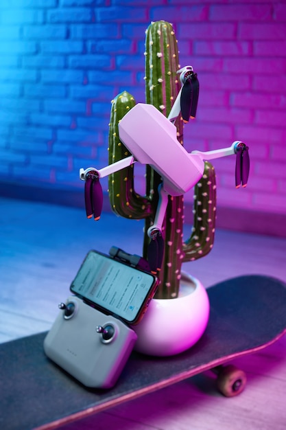 Un pequeño drone quadcopter está sentado sobre un cactus artificial de pie sobre una patineta en una idea creativa de luz de neón