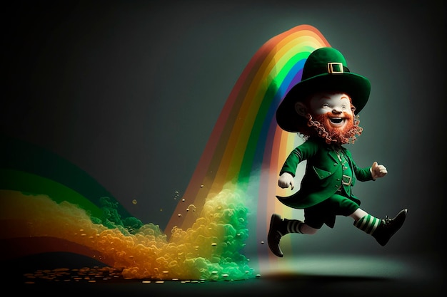 Foto el pequeño duende corre con el concepto del día de san patricio del arco iris