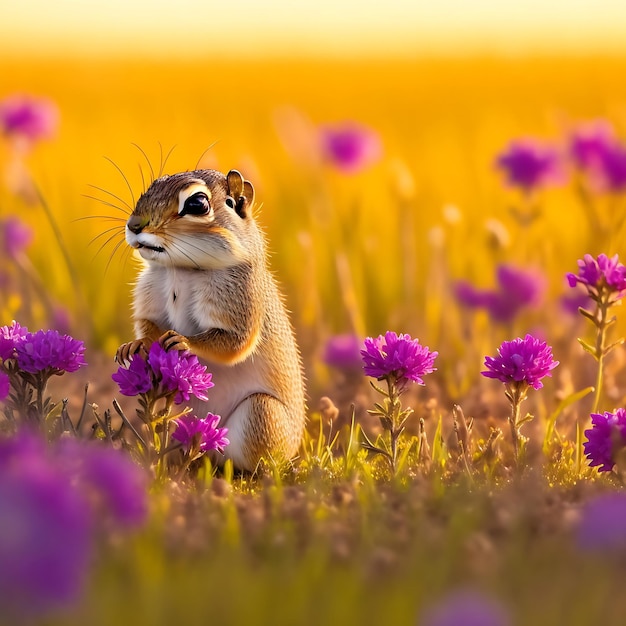 Pequeno e lindo esquilo de terra em um prado entre flores durante o caloroso pôr do sol da primavera AI gerado