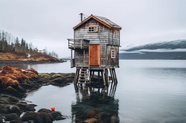 Un pequeño edificio de madera sobre una masa de agua imagen generativa de ai