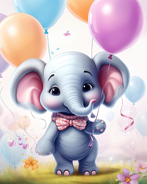 un pequeño elefante con un globo al estilo de las caricaturas