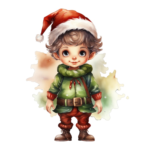 El pequeño elfo de la acuarela de Santa con la ilustración del sombrero de Navidad para Navidad
