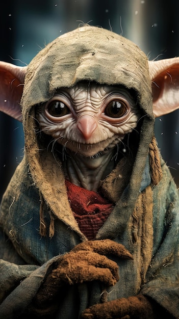 Foto pequeno elfo desnutrido e atrofiado em roupas de vagabundo